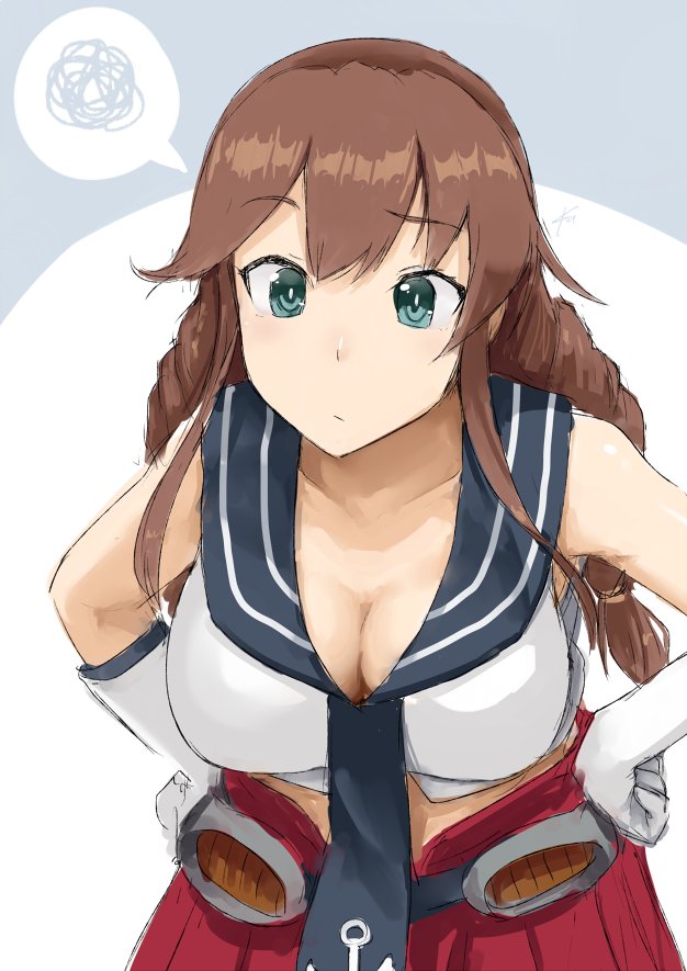 anchor_symbol bare_shoulders blue_eyes blue_neckwear braid breasts brown_hair cleavage closed_mouth collarbone ebizome elbow_gloves eyebrows_visible_through_hair gloves hands_on_hips kantai_collection large_breasts leaning_forward long_hair looking_at_viewer necktie noshiro_(kantai_collection) official_style pleated_skirt raised_eyebrow red_skirt sailor_collar skirt solo spoken_squiggle squiggle twin_braids upper_body white_gloves