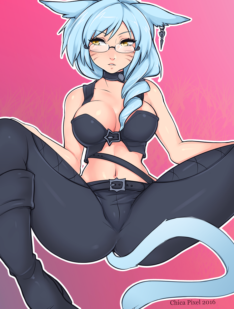 animal_ears aqua_hair artist_name belt black_footwear boots breasts cat_ears cat_tail chicapixel choker cleavage facial_mark final_fantasy final_fantasy_xiv glasses jewelry large_breasts looking_at_viewer looking_to_the_side midriff miqo'te navel single_earring slit_pupils solo spread_legs tail whisker_markings yellow_eyes
