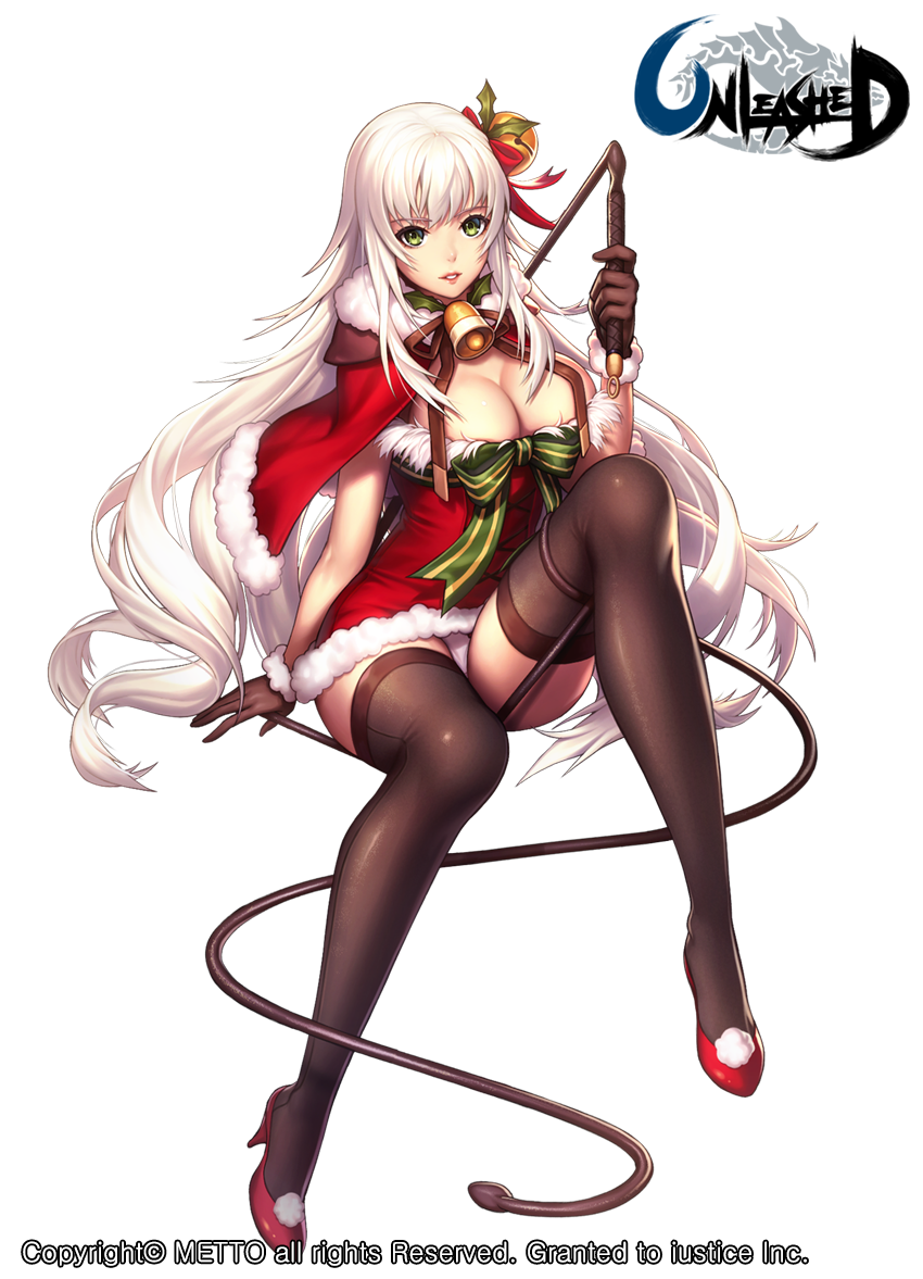 bangs bell black_gloves black_legwear bow breasts capelet cleavage full_body fur_trim gloves green_eyes hair_bow high_heels jingle_bell large_breasts long_hair looking_at_viewer metto official_art panties pantyshot pantyshot_(sitting) parted_lips red_capelet santa_costume sitting smile solo thighhighs transparent_background underwear unleashed very_long_hair whip white_hair white_panties