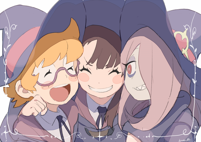 arm_over_shoulder artist_name blush_stickers border brown_hair cheek-to-cheek commentary glasses grin hair_over_one_eye hand_on_another's_shoulder hands_on_another's_shoulders happy hat kagari_atsuko kirusu little_witch_academia long_hair looking_at_another lotte_jansson multiple_girls open_mouth pale_skin pink_hair red_eyes school_uniform sharp_teeth short_hair signature smile sucy_manbavaran teeth witch witch_hat