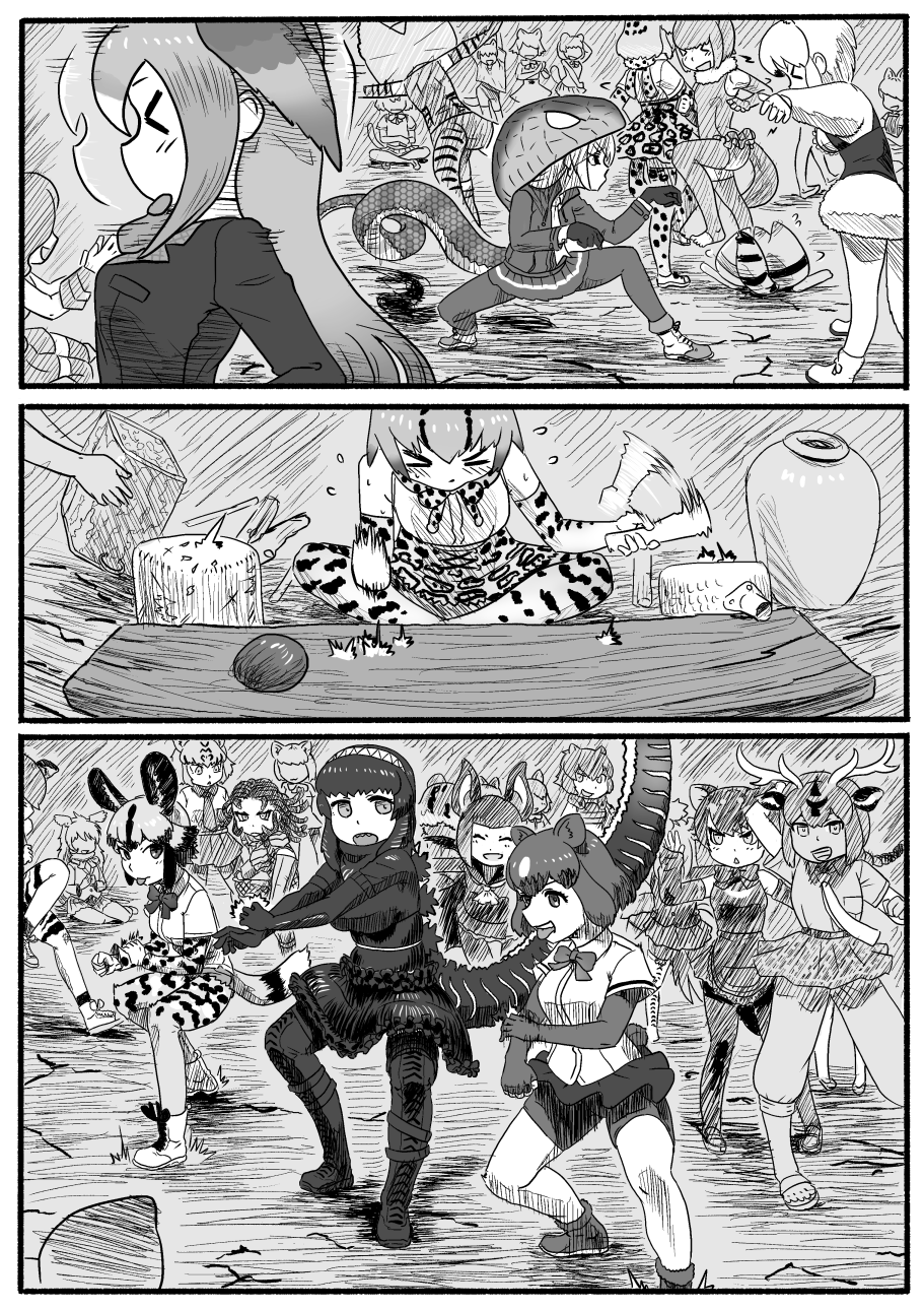 &gt;_&lt; :d :p african_wild_dog_(kemono_friends) afterimage animal_ears antlers armor axis_deer_(kemono_friends) barefoot bat_ears bear_ears bike_shorts bodystocking boots brown_bear_(kemono_friends) cameo character_request comic common_vampire_bat_(kemono_friends) crossover dancing dog_ears dog_tail drumming elbow_gloves flying_sweatdrops frilled_lizard_(kemono_friends) fur_collar gloves godzilla godzilla_(series) greyscale hairband hairlocs hand_on_own_arm head_wings highres hood hood_up indoors jaguar_(kemono_friends) jaguar_print jaguar_tail kemono_friends king_cobra_(kemono_friends) kishida_shiki looking_at_another lucky_beast_(kemono_friends) monochrome motion_lines multiple_crossover multiple_girls ocelot_(kemono_friends) open_mouth original otter_ears otter_tail personification predator predator_(movie) sandals shin_godzilla shirt short_hair short_sleeves shorts shorts_under_skirt silent_comic sitting skirt small-clawed_otter_(kemono_friends) smile snake_tail southern_tamandua_(kemono_friends) stomping tail tasmanian_devil_(kemono_friends) thigh_boots thighhighs toeless_legwear tongue tongue_out xd