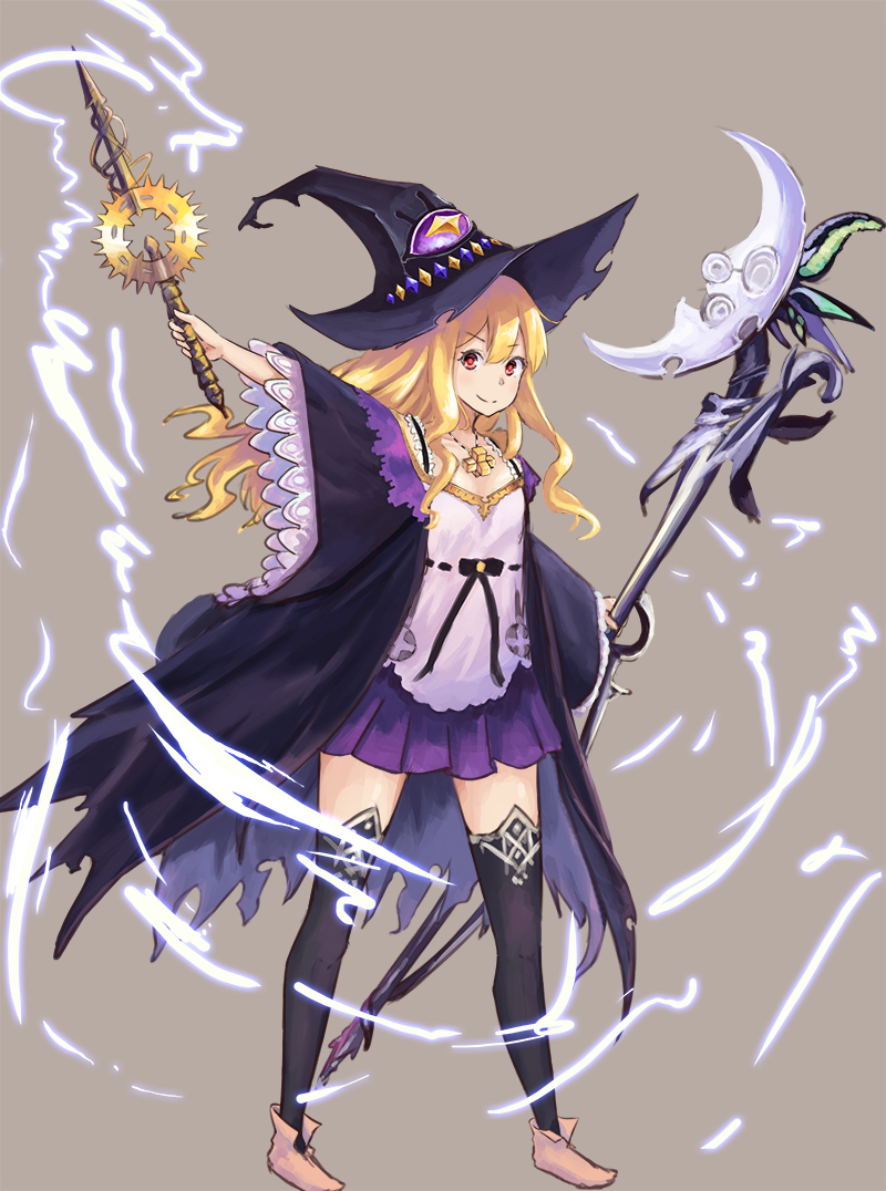 black_hat black_legwear blonde_hair dorothy_(shingeki_no_bahamut) full_body hat holding holding_staff holding_wand jewelry long_hair looking_at_viewer necklace purple_skirt red_eyes shadowverse shingeki_no_bahamut skirt smile solo staff standing tokisato wand wide_sleeves witch_hat