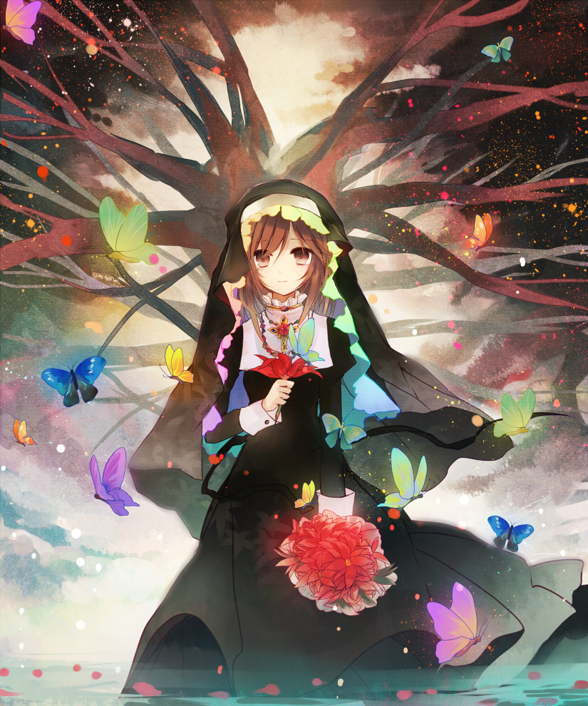 bouquet brown_eyes brown_hair bug butterfly flower holding holding_bouquet holding_flower insect jewelry kazu_(muchuukai) looking_at_viewer necklace nun original solo tree
