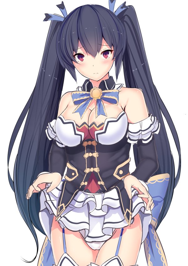 bare_shoulders black_hair blue_bow blue_neckwear blue_ribbon blush bow bowtie breasts choker cleavage closed_mouth cowboy_shot daiaru detached_collar detached_sleeves embarrassed eyebrows_visible_through_hair frills frown garter_straps hair_between_eyes hair_ornament hair_ribbon lifted_by_self long_hair long_sleeves looking_at_viewer medium_breasts neptune_(series) noire panties raised_eyebrows red_eyes ribbon ribbon_choker simple_background skirt skirt_lift solo standing thighhighs twintails underwear very_long_hair white_background white_legwear white_panties white_skirt