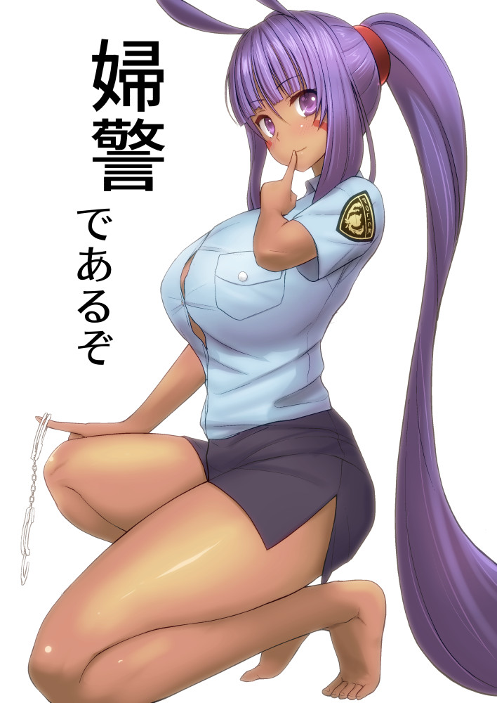 alternate_hairstyle animal_ears breasts closed_mouth dark_skin diisuke eyebrows_visible_through_hair eyeliner facial_mark fate/grand_order fate_(series) full_body large_breasts long_hair looking_at_viewer makeup nitocris_(fate/grand_order) police police_uniform policewoman ponytail purple_eyes purple_hair simple_background smile solo translated uniform very_long_hair white_background