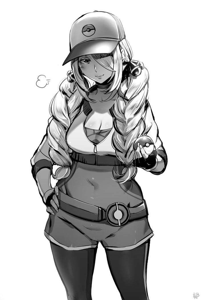 =3 artist_name bangs baseball_cap blush braid breasts cleavage closed_mouth commentary_request cosplay covered_navel cowboy_shot cropped_jacket female_protagonist_(pokemon_go) female_protagonist_(pokemon_go)_(cosplay) fingerless_gloves gloves greyscale hair_over_one_eye hand_on_hip hat holding holding_poke_ball iku_(ikuchan_kaoru) large_breasts leggings long_hair looking_at_viewer monochrome poke_ball pokemon pokemon_(game) pokemon_dppt pokemon_go revision shirona_(pokemon) signature simple_background sleeves_past_elbows smile solo twintails twintails_day