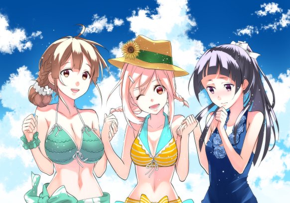 ;d alternate_hairstyle bikini blue_swimsuit braid breasts brown_eyes brown_hair casual_one-piece_swimsuit cloud commentary_request day flower girl_sandwich green_bikini green_scrunchie hair_bun hat hat_flower holding_hands jpeg_artifacts koharu_yoshino kohinata_iroha large_breasts looking_at_viewer medium_breasts multiple_girls navel one-piece_swimsuit one_eye_closed open_mouth oribe_ririko pink_hair ponytail sakura_quest sandwiched scrunchie shinomiya_shiori sky small_breasts smile sun_hat swimsuit twin_braids wavy_mouth wrist_scrunchie yellow_bikini