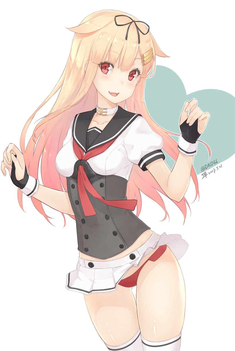:d akizuki_(kantai_collection) akizuki_(kantai_collection)_(cosplay) alternate_costume ass_visible_through_thighs bangs blonde_hair blush breasts choker collarbone commentary_request cosplay dan_(kumadan) dated hair_flaps hair_ornament hair_ribbon hairclip highres kantai_collection long_hair looking_at_viewer medium_breasts microskirt open_mouth panties pantyshot pantyshot_(standing) red_eyes red_panties remodel_(kantai_collection) revision ribbon sailor_collar short_sleeves simple_background skirt smile solo standing thigh_gap thighhighs twitter_username underwear white_background white_legwear yuudachi_(kantai_collection)