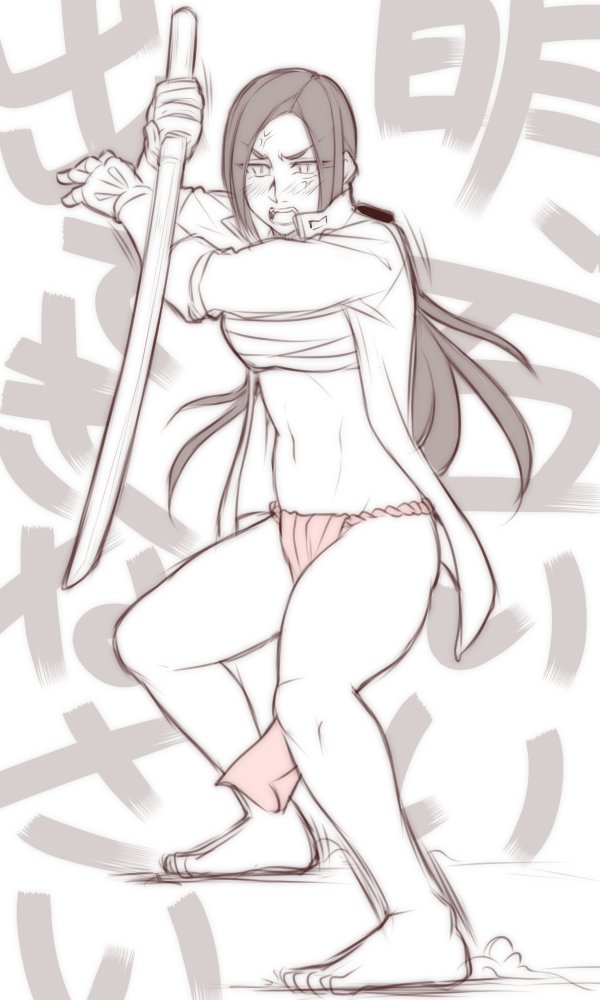 barefoot blush commentary_request epaulettes female_admiral_(kantai_collection) full_body fundoshi gloves greyscale holding holding_sword holding_weapon jacket japanese_clothes kantai_collection long_hair long_sleeves military military_uniform monochrome navel neko_majin open_clothes open_jacket open_mouth sarashi sidelocks solo standing sword translation_request uniform weapon wooden_sword