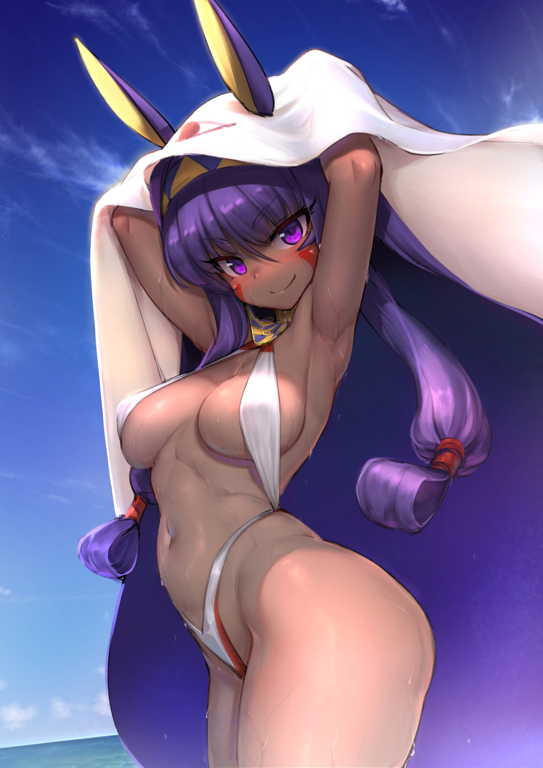 &gt;:) animal_ears arched_back armpits arms_up ass blue_sky breasts closed_mouth commentary_request cowboy_shot dark_skin day eyebrows_visible_through_hair eyeliner facial_mark fate/grand_order fate_(series) from_side hairband highres hood hoodie jackal_ears large_breasts long_hair looking_at_viewer makeup navel nitocris_(fate/grand_order) nitocris_(swimsuit_assassin)_(fate) purple_eyes purple_hair sidelocks sky slingshot_swimsuit smile solo swimsuit try v-shaped_eyebrows very_long_hair white_swimsuit