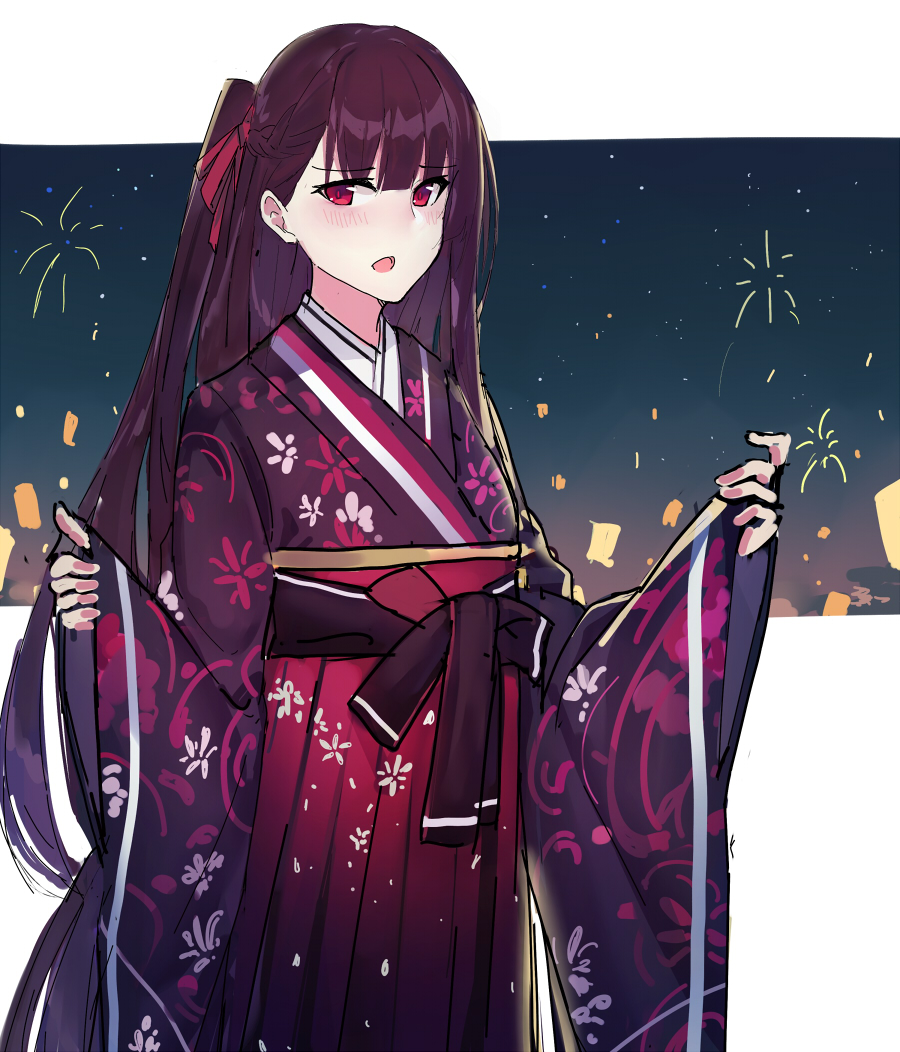 :o bangs blunt_bangs blush echj eyebrows_visible_through_hair fireworks floral_print girls_frontline hair_ribbon hakama japanese_clothes kimono long_hair long_sleeves looking_at_viewer obi one_side_up open_mouth purple_hair red_eyes ribbon sash sketch sky solo star_(sky) starry_sky upper_body very_long_hair wa2000_(girls_frontline) wide_sleeves