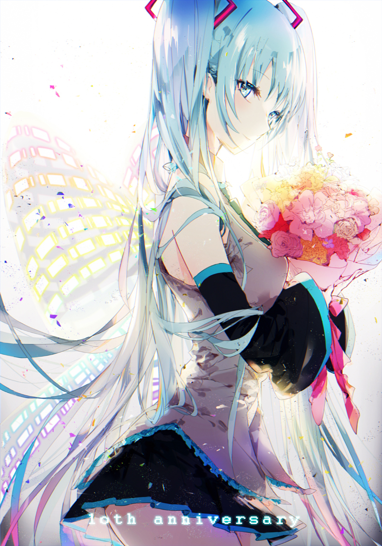 anniversary backlighting bangs black_skirt blue_eyes blue_hair bouquet collared_shirt commentary_request cowboy_shot detached_sleeves eyebrows_visible_through_hair flower from_side glowing grey_shirt hands_up hatsune_miku holding holding_bouquet kinokohime light_smile long_hair looking_at_viewer pleated_skirt revision shirt sidelocks skirt sleeveless sleeveless_shirt smile solo twintails very_long_hair vocaloid wings