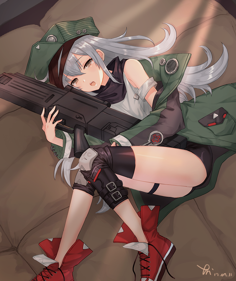 armband assault_rifle bare_shoulders bed brown_eyes g11 g11_(girls_frontline) girls_frontline grey_hair gun hair_between_eyes hat jacket karimo/konchi knee_pads long_hair looking_at_viewer lying object_hug on_bed on_side open_mouth rifle scarf shoes shorts solo tank_top thigh_strap weapon