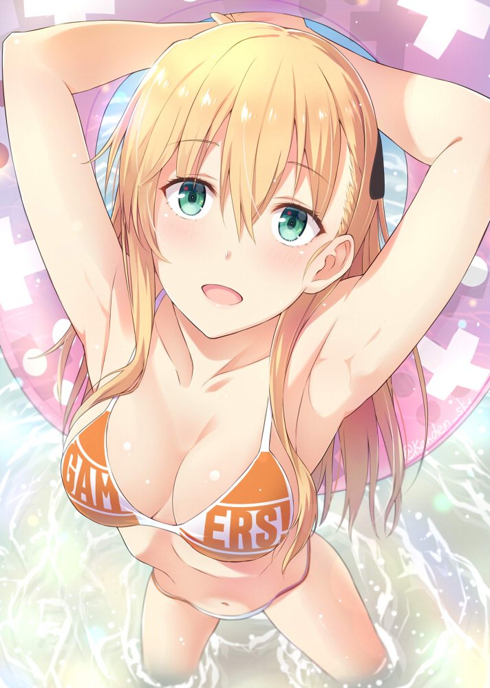 :d armpits arms_behind_head arms_up bikini blonde_hair blush breasts cleavage eyebrows_visible_through_hair foreshortening from_above gamers! green_eyes hair_between_eyes hair_ornament innertube kanden_suki long_hair looking_at_viewer looking_up medium_breasts navel open_mouth outdoors sidelocks smile solo standing swimsuit tendou_karen wading