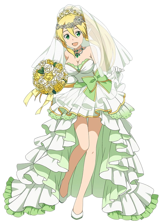 blonde_hair bouquet breasts cleavage dress flower full_body gloves high_ponytail holding holding_bouquet large_breasts leafa long_hair looking_at_viewer non-web_source official_art open_mouth showgirl_skirt skirt skirt_lift solo sword_art_online veil white_gloves