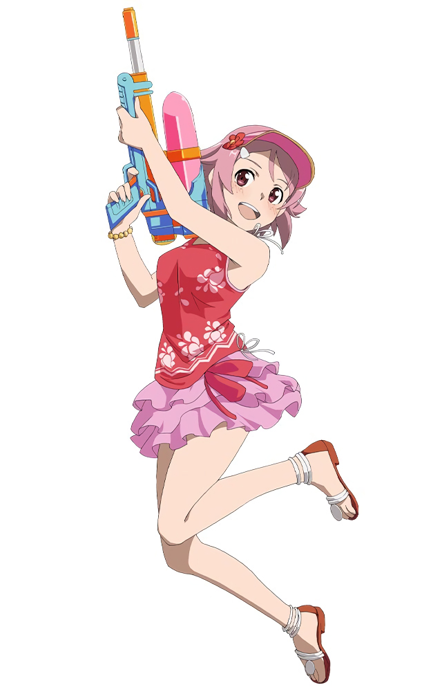 arms_up bead_bracelet beads blush bracelet freckles full_body gun hat holding holding_gun holding_weapon jewelry lisbeth looking_at_viewer non-web_source official_art open_mouth round_teeth sandals simple_background skirt sleeveless solo sword_art_online teeth water_gun weapon white_background