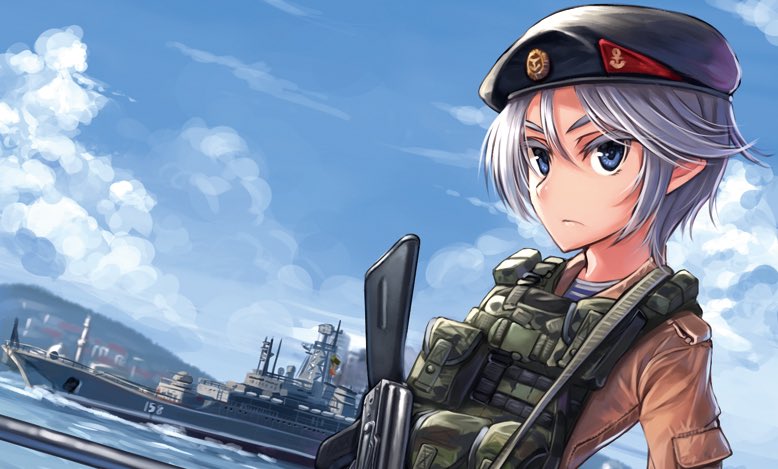ak-74m anchor_symbol assault_rifle beret blue_eyes cloud commentary_request day dreadtie gun hat load_bearing_vest military military_uniform military_vehicle original rifle scenery ship short_hair silver_hair sky solo turret uniform warship watercraft weapon