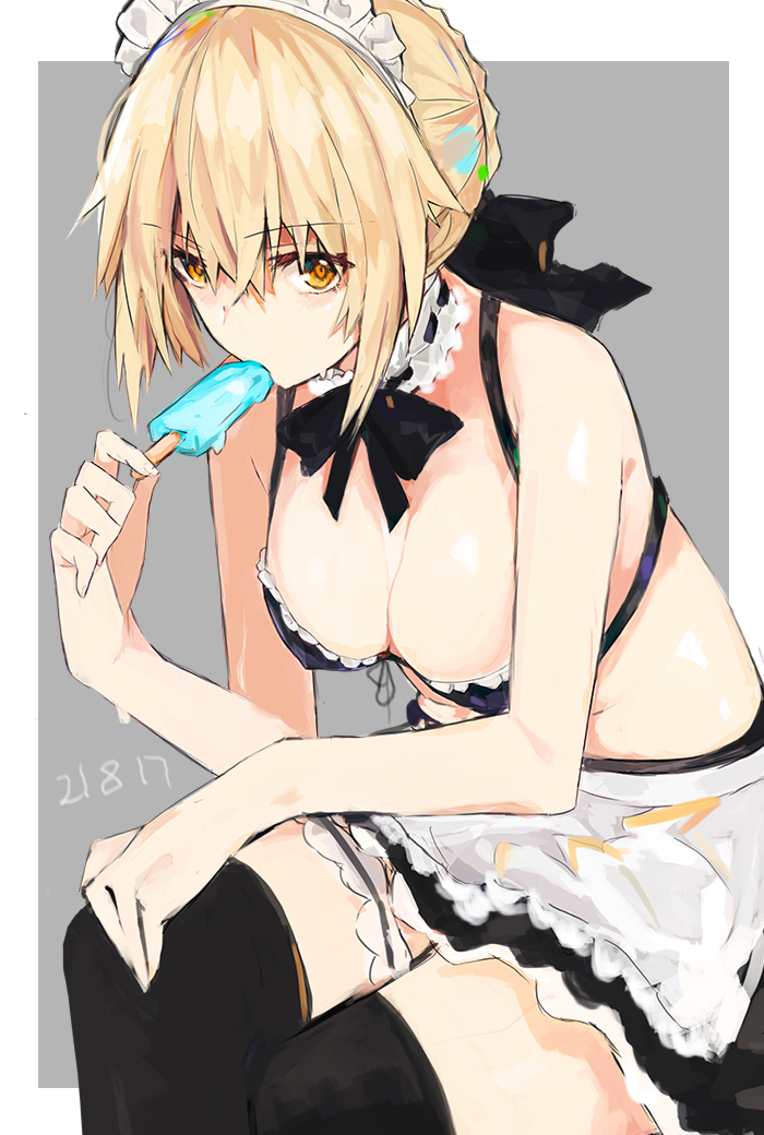apron artoria_pendragon_(all) artoria_pendragon_(swimsuit_rider_alter) blonde_hair border braid breasts choker cleavage dated fate/grand_order fate_(series) food french_braid garter_straps grey_background hair_between_eyes lace lace_choker looking_at_viewer maid_bikini maid_headdress medium_breasts moonlaw outside_border popsicle sketch solo thighhighs wet white_border yellow_eyes