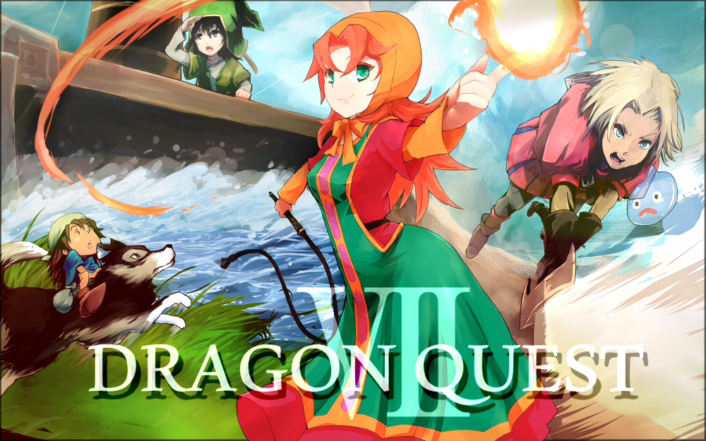 blue_eyes curly_hair dragon_quest dragon_quest_vii dress gabo hat hero_(dq7) hood kiefer long_hair maribel_(dq7) mineta_naoki multiple_boys red_hair slime_(dragon_quest)