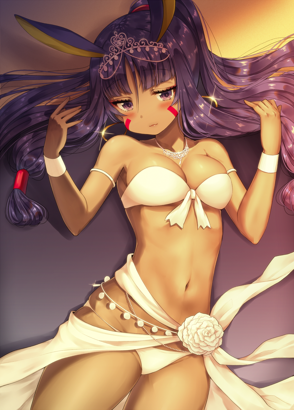 animal_ears bandeau bangs bare_shoulders bikini blunt_bangs blush breasts closed_mouth commentary_request dark_skin earrings eyebrows_visible_through_hair facial_mark fate/grand_order fate_(series) front-tie_bikini front-tie_top hair_tubes hands_up highres hoop_earrings jackal_ears jewelry jitome long_hair looking_at_viewer lying medium_breasts navel nitocris_(fate/grand_order) nitocris_(swimsuit_assassin)_(fate) on_back purple_eyes purple_hair sarong solo swimsuit thighs tsurime very_long_hair vsi0v white_bikini