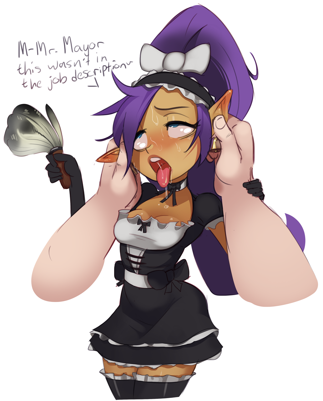 ahegao alternate_costume black_gloves black_legwear blue_eyes bow breasts choker cleavage dark_skin disembodied_limb drooling duster ear_grab eargasm earrings elbow_gloves english enmaided female_orgasm gloves hair_bow highres jewelry long_hair maid maid_headdress open_mouth orgasm pointy_ears polyle ponytail pov purple_hair rolling_eyes shantae_(character) shantae_(series) small_breasts solo_focus sweat thighhighs tongue tongue_out very_long_hair zettai_ryouiki