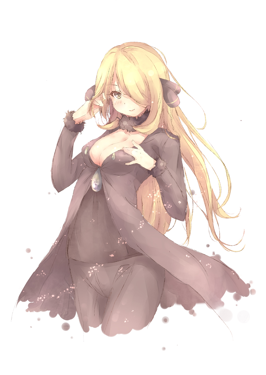 1girl adjusting_hair black_coat black_pants black_shirt blonde_hair blush breasts cleavage coat fur_trim hair_ornament hair_over_one_eye hand_on_own_chest hands_up highres konmi long_hair long_sleeves looking_at_viewer medium_breasts pants pokemon pokemon_(game) pokemon_dppt shirona_(pokemon) shirt simple_background smile solo standing white_background yellow_eyes