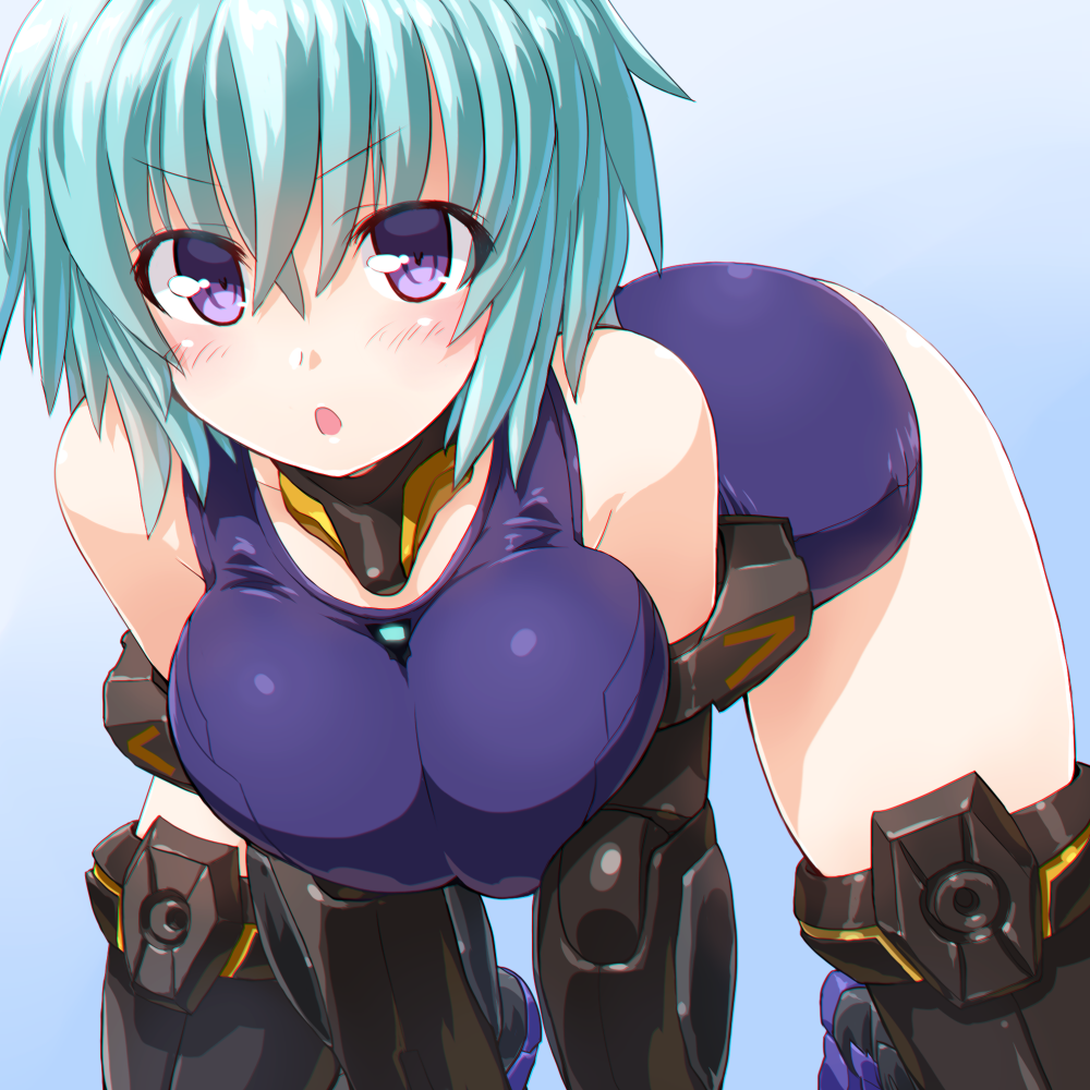 bent_over black_gloves black_legwear blue_hair breasts covered_navel dd_(ijigendd) elbow_gloves eyebrows_visible_through_hair frame_arms_girl gloves hresvelgr large_breasts leaning_forward looking_at_viewer mecha_musume one-piece_swimsuit open_mouth purple_eyes school_swimsuit short_hair solo swimsuit thighhighs