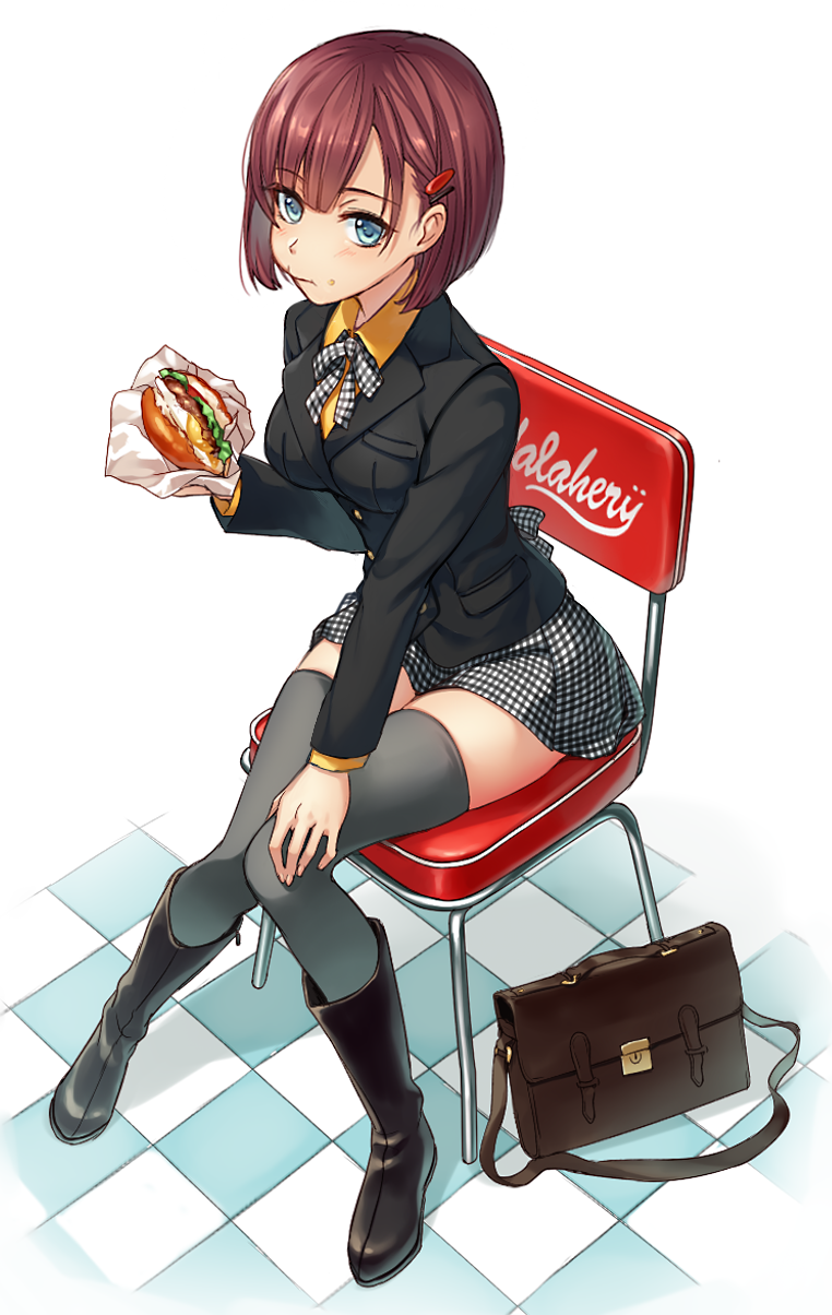 :t bag blazer blue_eyes boots breasts brown_hair checkered checkered_floor checkered_neckwear checkered_skirt eating eyebrows_visible_through_hair food food_on_face from_above grey_legwear hair_ornament hairclip hamburger hand_on_own_knee highres jacket knee_boots knees_together_feet_apart original plaid plaid_skirt ribbon school_bag school_uniform short_hair sitting skirt small_breasts solo takeuchi_aya thighhighs zettai_ryouiki