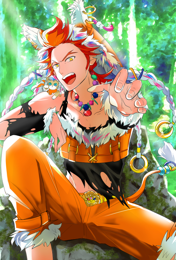akai_suzaku animal blue_eyes cat collarbone idolmaster idolmaster_side-m jewelry male_focus multicolored_hair naba_(kigome) necklace nyako_(idolmaster) open_mouth outdoors outstretched_hand red_hair sitting torn_clothes two-tone_hair yellow_eyes