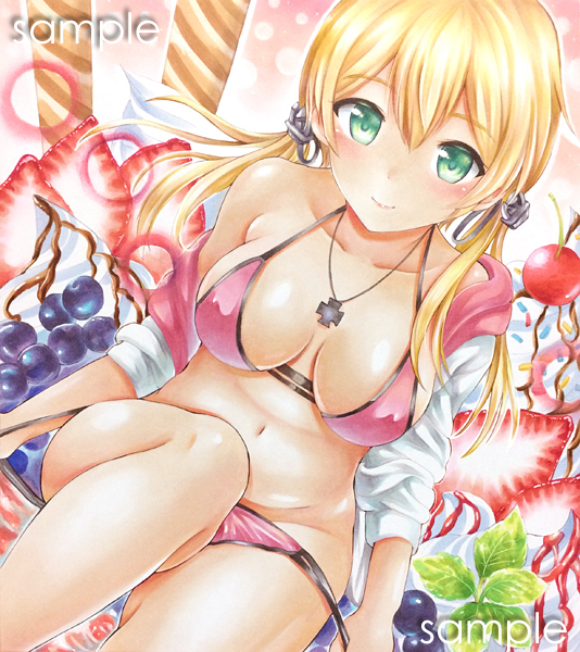 bikini bikini_pull blonde_hair blush breasts cardigan cleavage collarbone covered_nipples eyebrows_visible_through_hair fukukaminai green_eyes groin hair_between_eyes hair_ornament jewelry kantai_collection long_hair looking_at_viewer medium_breasts navel necklace off_shoulder open_cardigan open_clothes pink_bikini prinz_eugen_(kantai_collection) sample shiny shiny_skin sitting smile solo sweater swimsuit twintails white_sweater