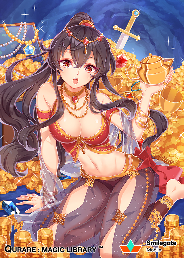 :o ahoge arm_support arm_up armlet bare_shoulders black_hair blush bracelet breasts brown_hair cleavage coin copyright_name crop_top crystal detached_sleeves eyebrows_visible_through_hair gem genie gold hair_between_eyes holding jewelry large_breasts long_hair looking_at_viewer navel necklace official_art open_mouth panties ponytail qurare_magic_library red_panties ring see-through sitting solo underwear watermark zenyu