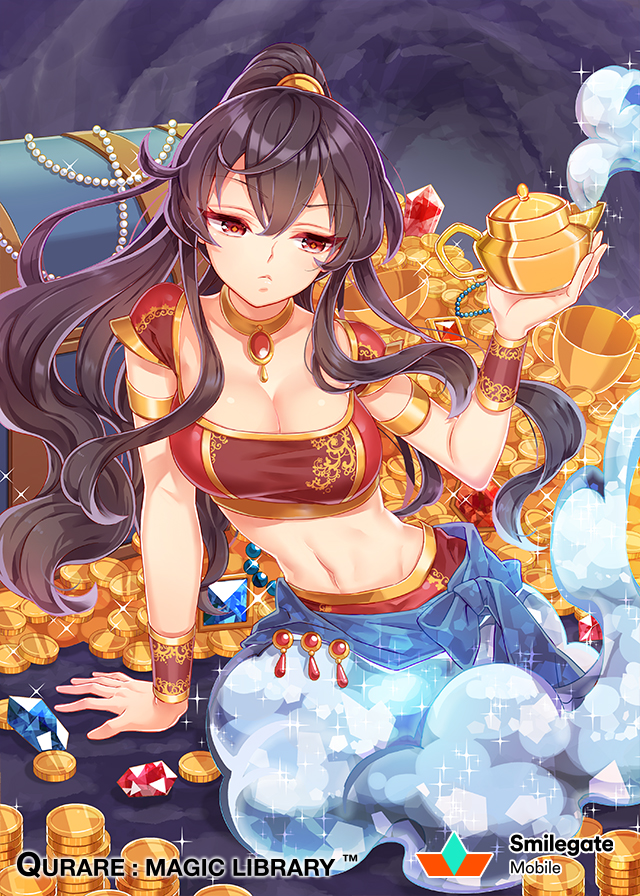 :&lt; ahoge arm_support arm_up armlet black_hair breasts brown_hair choker cleavage coin copyright_name crystal eyebrows_visible_through_hair gem genie gold hair_between_eyes jewelry large_breasts long_hair looking_at_viewer looking_down midriff navel necklace official_art ponytail pout qurare_magic_library raised_eyebrow sitting skirt smoke solo watermark yellow_choker zenyu