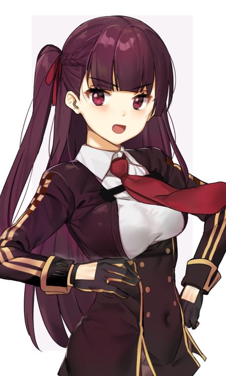 :o black_gloves breasts cowboy_shot dress eyebrows_visible_through_hair girls_frontline gloves hair_ribbon hand_on_hip long_hair long_sleeves looking_at_viewer medium_breasts necktie one_side_up outside_border purple_hair red_eyes ribbon short_dress shovelwell simple_background solo v-shaped_eyebrows wa2000_(girls_frontline)