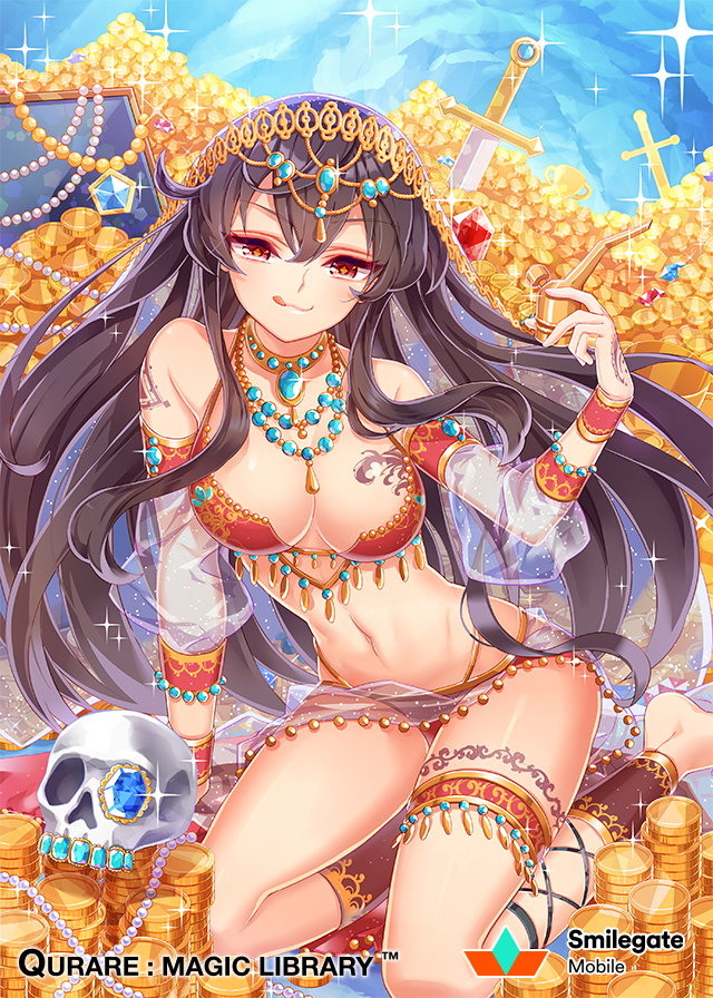 :3 :q ahoge arm_support arm_up armlet bare_shoulders black_hair breasts brown_hair coin copyright_name detached_sleeves eyebrows_visible_through_hair gem genie gold hair_between_eyes hand_tattoo holding jewelry large_breasts legband leglet licking_lips long_hair looking_at_viewer navel necklace official_art panties qurare_magic_library red_eyes red_panties revealing_clothes see-through sitting skull smile solo sword tongue tongue_out underwear watermark weapon wristband zenyu