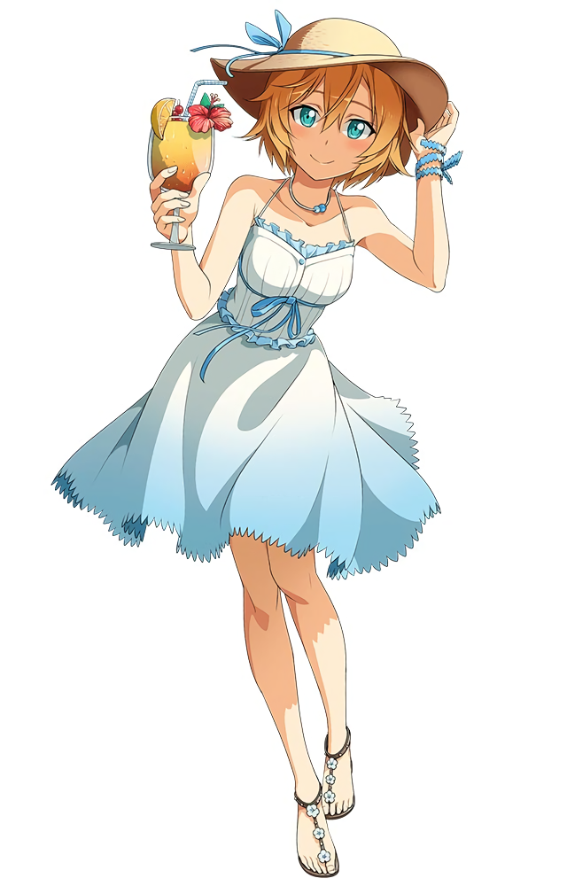 adjusting_clothes adjusting_hat aqua_eyes arm_ribbon cup dress drinking_glass full_body hat holding holding_cup jewelry looking_at_viewer necklace non-web_source official_art orange_hair philia_(sao) ribbon sandals shoe_flower short_hair simple_background smile solo spaghetti_strap standing sun_hat sundress sword_art_online white_background