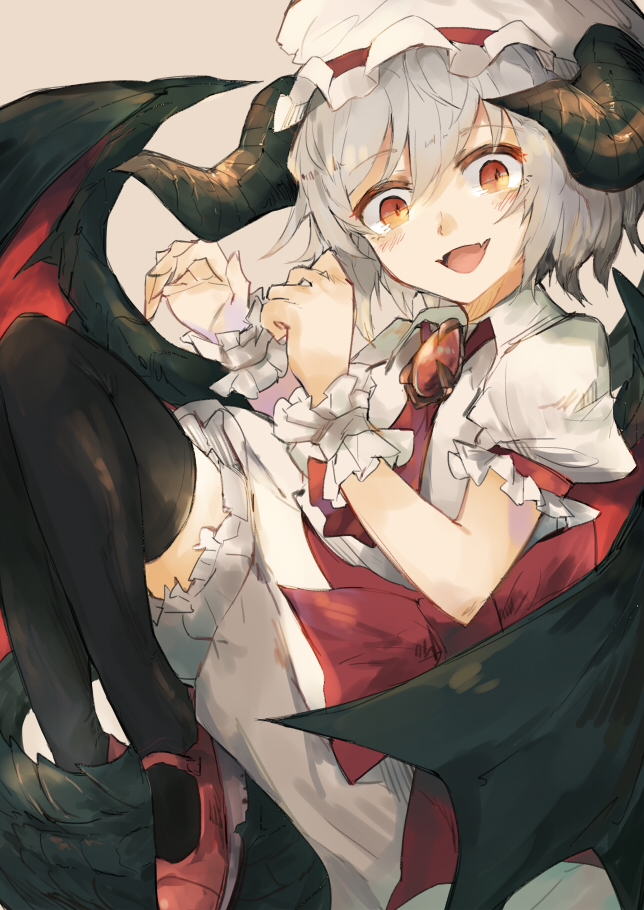 ascot bad_id bad_pixiv_id bangs banned_artist black_legwear blush brooch brown_eyes commentary_request dragon_girl dragon_horns dragon_tail dragon_wings eyebrows_visible_through_hair grey_background grey_hair hair_between_eyes hat horns jewelry looking_at_viewer mary_janes mob_cap open_mouth puffy_short_sleeves puffy_sleeves red_footwear remilia_scarlet shoes short_hair short_sleeves simple_background solo tail thighhighs touhou white_hat wings zairen zettai_ryouiki