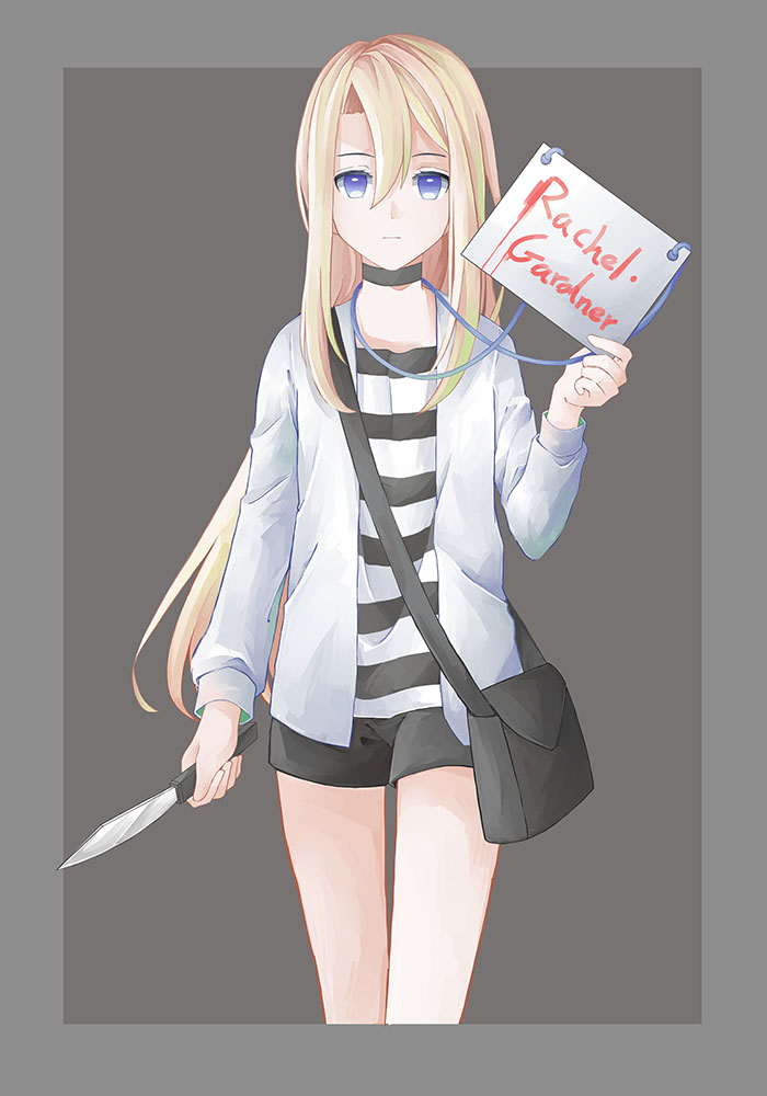bag black_background black_shorts blonde_hair blue_eyes border character_name choker closed_mouth expressionless featherwings24 holding holding_knife holding_sign jacket knife long_hair long_sleeves looking_at_viewer open_clothes open_jacket outside_border rachel_gardner satsuriku_no_tenshi shirt shorts sign solo striped striped_shirt very_long_hair white_jacket