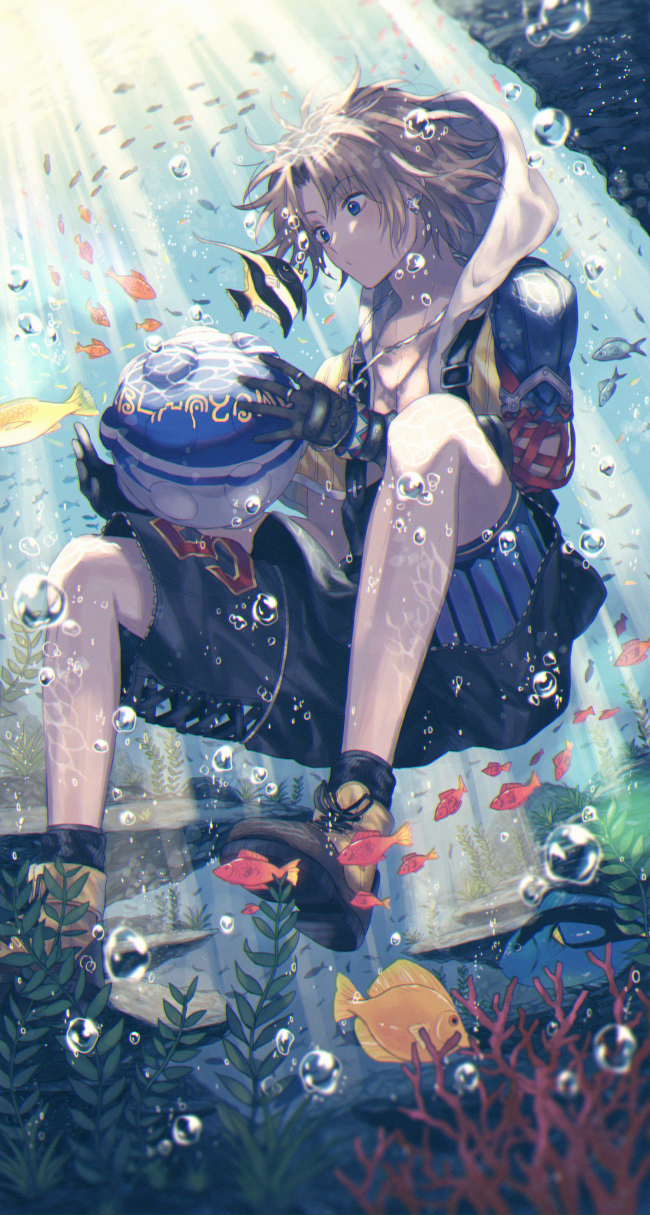 air_bubble asymmetrical_clothes ball blitzball blonde_hair blue_eyes bubble coral earrings final_fantasy final_fantasy_x fish gloves highres holding_breath hood humiyooo jewelry necklace overalls scenery seaweed shoes shorts sneakers solo submerged sunlight tidus underwater water