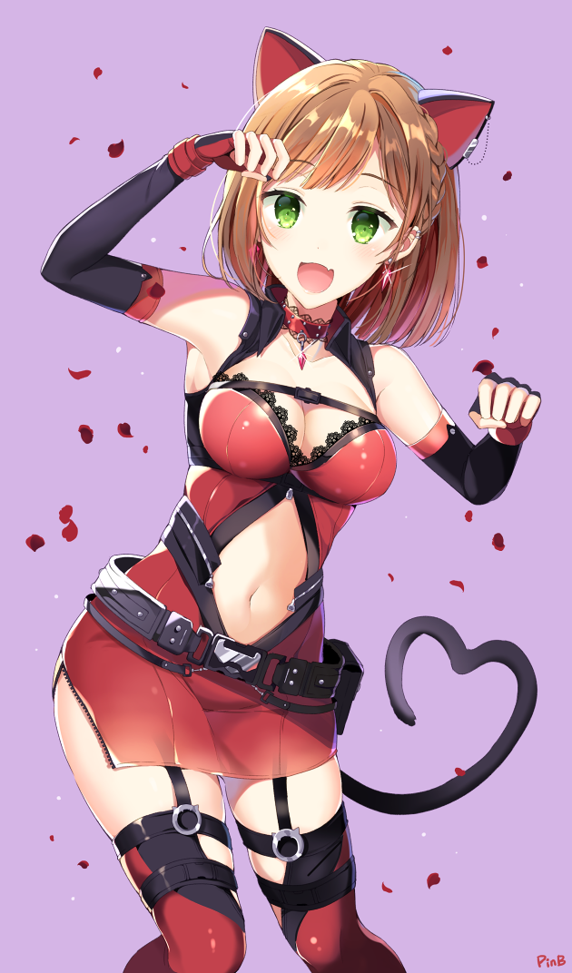 :d animal_ears artist_name bangs belt blonde_hair braid breasts cat_ears cat_tail cleavage collar cowboy_shot dress earrings elbow_gloves fang fingerless_gloves french_braid garter_straps gem gloves green_eyes heart heart_tail idolmaster idolmaster_cinderella_girls jewelry lace lace-trimmed_dress lace_trim looking_at_viewer maekawa_miku medium_breasts medium_hair navel navel_cutout open_mouth paw_pose pinb purple_background short_dress simple_background sleeveless sleeveless_dress smile solo standing tail thighhighs