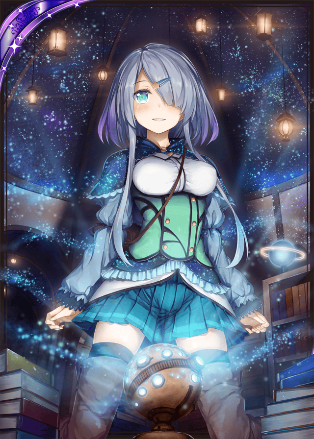 akkijin blue_eyes book boots card_(medium) hair_ornament high_heel_boots high_heels lamp library lolita_fashion looking_at_viewer official_art one_eye_covered orbit planet projector shinkai_no_valkyrie silver_hair solo star thighhighs