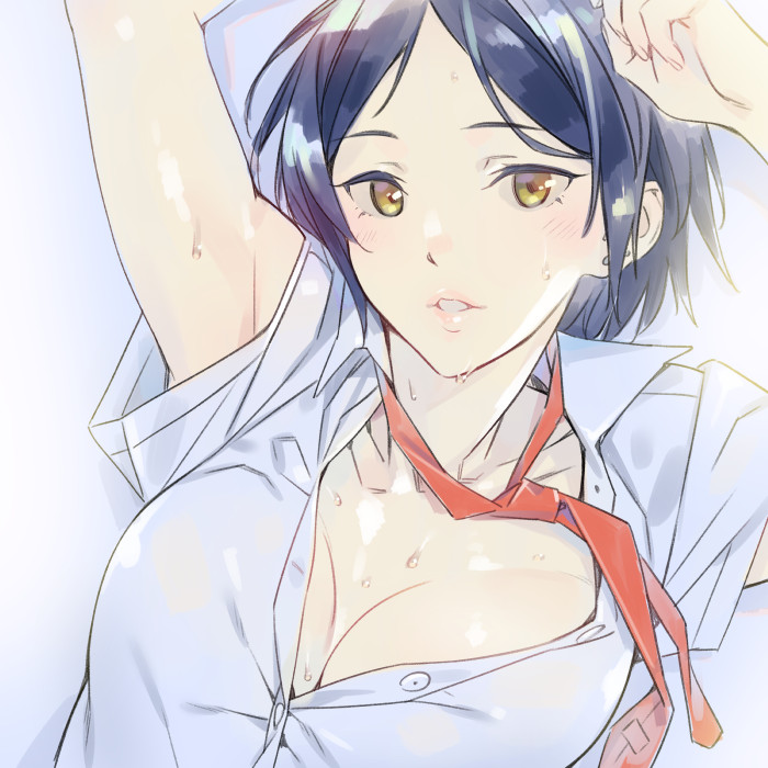 armpit_peek arms_up bangs blue_hair blue_shirt blush breasts brown_eyes bubuzuke commentary_request from_above hayami_kanade idolmaster idolmaster_cinderella_girls large_breasts lips looking_at_viewer loose_necktie lying necktie no_bra on_back parted_bangs parted_lips red_neckwear shirt short_hair short_sleeves smile solo sweat unbuttoned unbuttoned_shirt