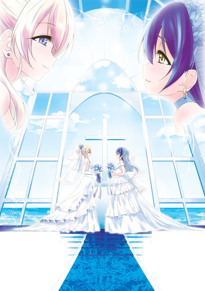ayase_eli blonde_hair blue_eyes blue_flower blue_hair bouquet bridal_veil bride choker church closed_mouth commentary_request cross detached_sleeves dress earrings flower frills hair_bun jewelry long_hair looking_at_another love_live! love_live!_school_idol_project multiple_girls sonoda_umi stairs urutsu_sahari veil wedding wedding_dress wife_and_wife yellow_eyes yuri