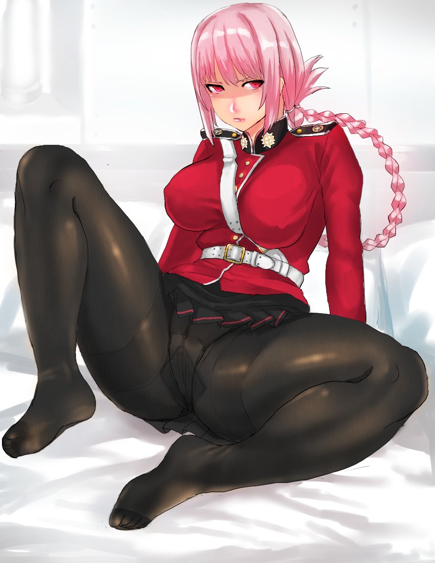 belt between_breasts braid breasts commentary_request epaulettes fate/grand_order fate_(series) florence_nightingale_(fate/grand_order) gusset lips looking_at_viewer no_shoes panties panties_under_pantyhose pantyhose panzer pink_hair red_eyes sitting skirt spread_legs strap_cleavage underwear uniform