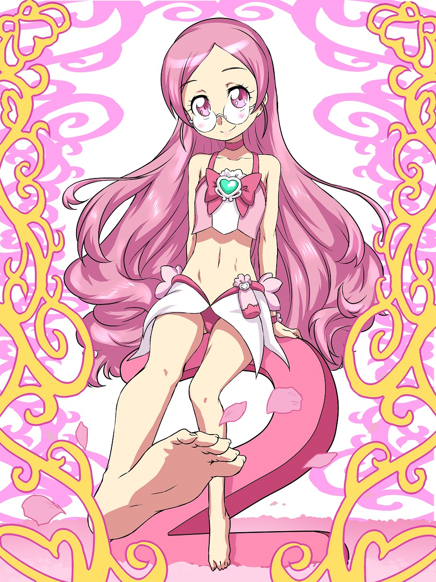 10s 1girl adapted_costume alternate_hairstyle bare_shoulders barefoot blush choker collarbone cosplay cure_blossom_(cosplay) feet glasses hair_down hanasaki_tsubomi heartcatch_precure! highres long_hair looking_at_viewer midriff navel petals pink_eyes pink_hair pov_feet precure sitting smile soles solo toes very_long_hair