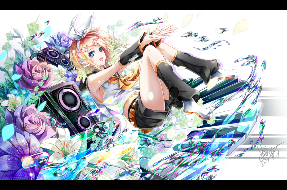 :d armpits bare_shoulders blonde_hair blue_eyes blush commentary_request detached_sleeves flower full_body hair_ornament hair_ribbon hairclip kagamine_rin leg_warmers letterboxed looking_at_viewer neckerchief official_art open_mouth ribbon sailor_collar shirt short_shorts shorts sleeveless sleeveless_shirt smile solo speaker tyouya vocaloid