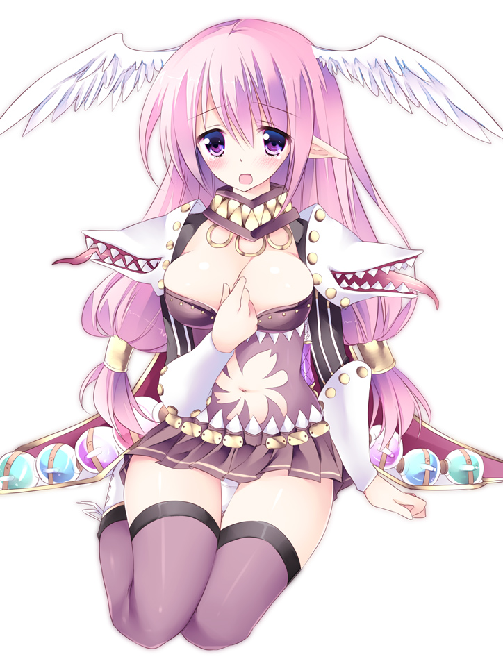 armor blush boots breasts cleavage genetic_(ragnarok_online) large_breasts long_hair looking_at_viewer navel open_mouth panties pink_eyes pink_hair pointy_ears ragnarok_online solo sorai_shin'ya tears thighhighs tongue underwear winged_hair_ornament wings zettai_ryouiki