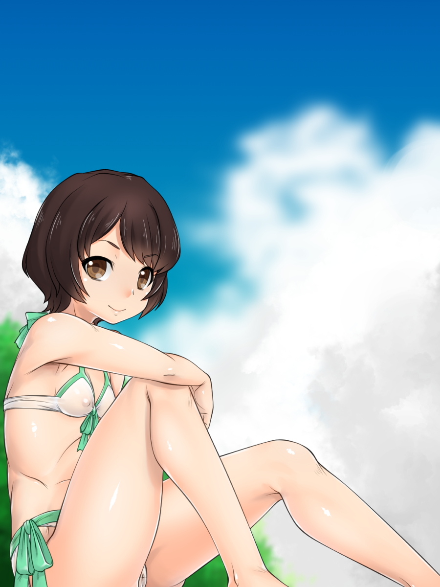 bangs bare_arms bare_legs bare_shoulders bikini blurry blurry_background breasts brown_eyes brown_hair closed_mouth cloud cloudy_sky covered_nipples day depth_of_field eyebrows_visible_through_hair feet_out_of_frame highres looking_at_viewer looking_to_the_side nurugamer-kouyouju outdoors shinmon_megumi short_hair side-tie_bikini sitting sky small_breasts smile solo swimsuit tomica_hyper_rescue_drive_head:_kidou_kyuukyuu_keisatsu white_bikini