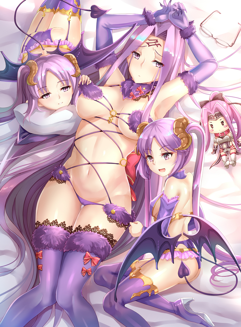 :d absurdly_long_hair animal_ears ass back belt_collar blush blush_stickers boots bow breasts character_doll claws cosplay dangerous_beast demon_girl demon_horns demon_tail demon_wings elbow_gloves euryale eyewear_removed facial_mark fate/grand_order fate/hollow_ataraxia fate/stay_night fate_(series) forehead_mark from_side girl_sandwich glasses gloves hair_bow hair_intakes halloween_princess_(fate/grand_order) high_heel_boots high_heels horns irisviel_von_einzbern irisviel_von_einzbern_(cosplay) large_breasts lifted_by_another long_hair looking_at_viewer low_wings lying mash_kyrielight mash_kyrielight_(cosplay) medium_breasts medusa_(lancer)_(fate) multiple_girls navel on_back on_stomach open_mouth parted_lips pulled_by_another purple_eyes purple_gloves purple_hair purple_legwear rider sandwiched siblings sisters sitting smile stheno succubus tail thigh_boots thighhighs twintails underboob very_long_hair wings wolf_ears yuemanhuaikong
