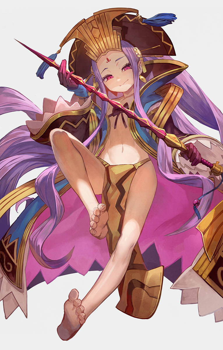 bare_legs barefoot blue_coat bow bow_bra bra chinese_clothes closed_mouth coat commentary_request crown earrings facial_mark fate/grand_order fate_(series) feet flat_chest forehead_mark full_body gloves grey_background hanfu hat head_tilt headpiece highres holding holding_staff jewelry lack long_hair long_sleeves looking_at_viewer multicolored_coat navel pelvic_curtain pink_coat pink_eyes purple_hair revealing_clothes ribbon ribbon_bra shawl simple_background soles solo staff string string_bra tiara toes underwear very_long_hair wide_sleeves wu_zetian_(fate/grand_order)