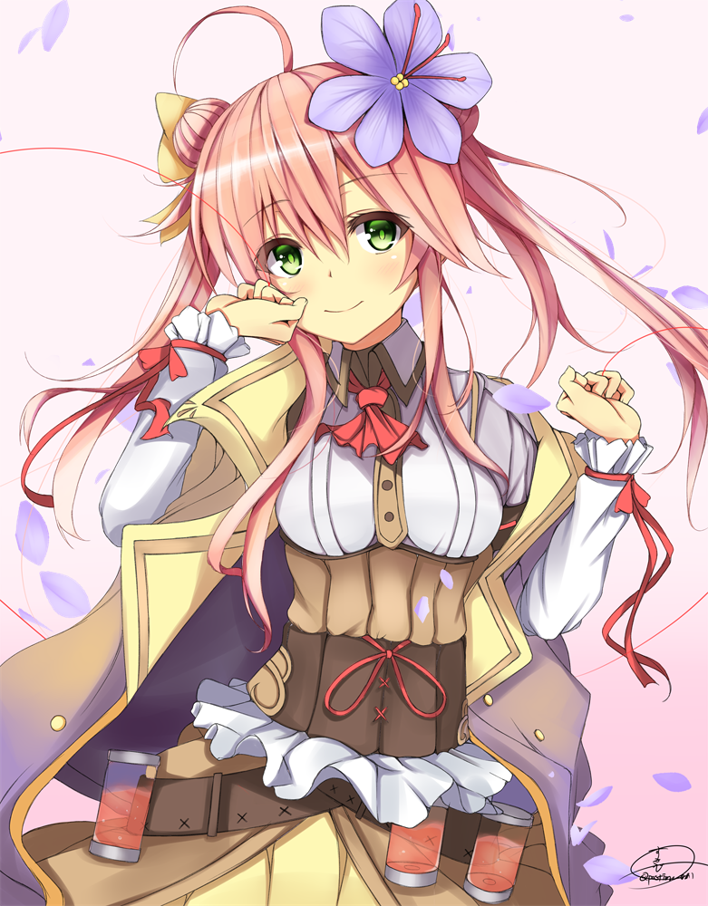 ahoge belt bow closed_mouth corset cowboy_shot double_bun dress flower flower_knight_girl frills green_eyes hair_bow hair_flower hair_ornament long_hair looking_at_viewer petals pink_background pink_hair red_neckwear saffron_(flower_knight_girl) signature smile solo suzume_(simple0091) twintails yellow_bow